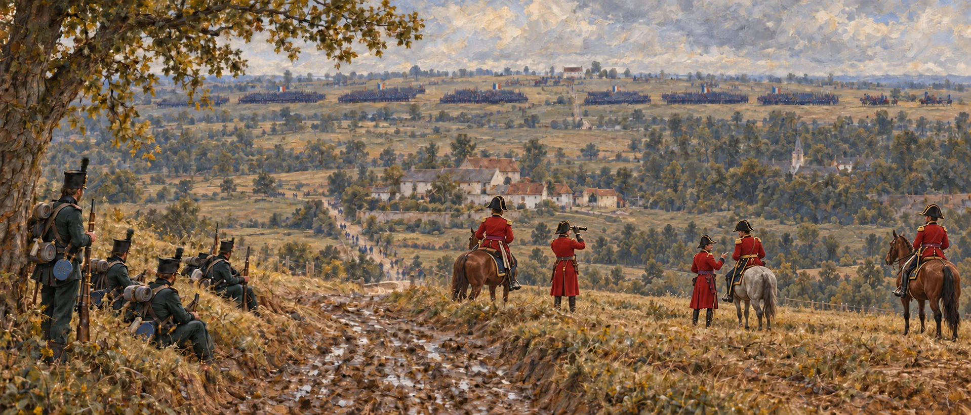 Wellington's red-coated staff on the ridge, watching the French lines through their glasses